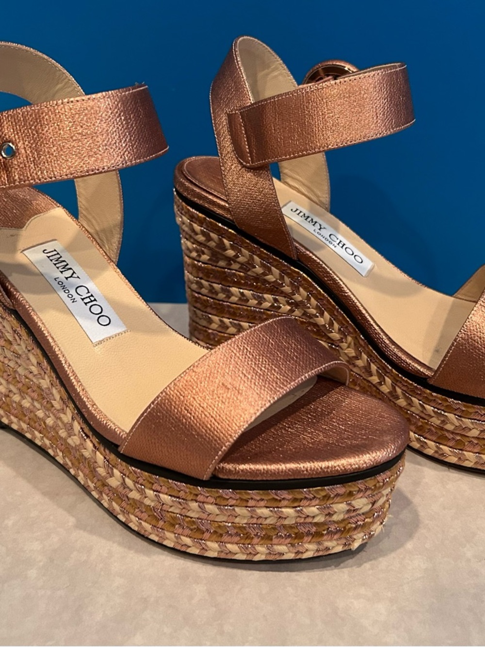 Jimmy Choo Metallic Copper Wedge Espadrille Sandals